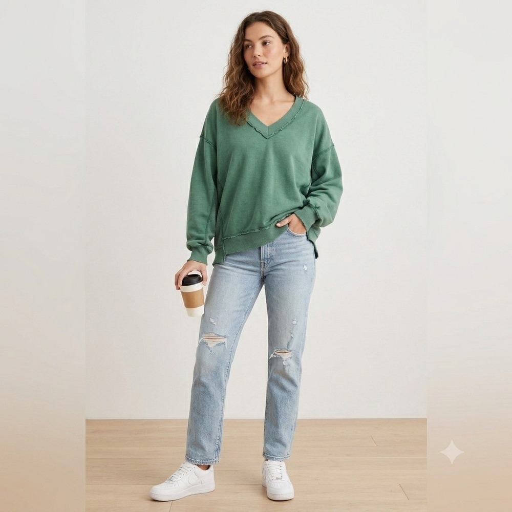 Aerie Womens XS Sweatshirt Green‎ Oversized V Neck Distressed Slouchy Pullover